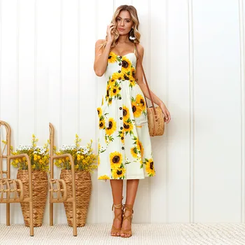 

Fashion Floral Print Sexy Ladies Casual Spaghetti Strap Button Midi Women's Sundress Elegant Vintage Boho Female Dress Vestidos