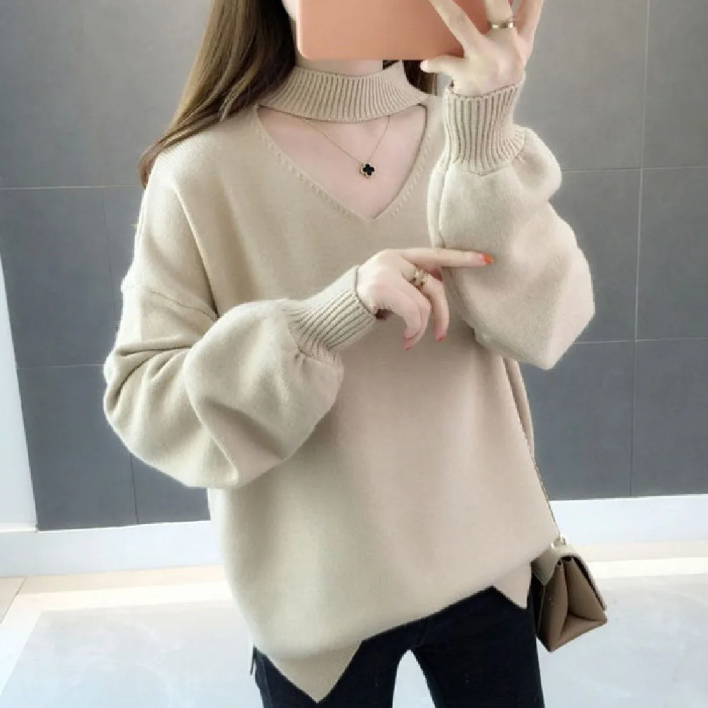 

Sweater Women Turtleneck Pullover 2020 New Solid Color Slim Loose Fashion Autumn Winter Wear Casual V-neck Female Knit Fall