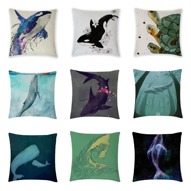 Sea Animal Cotton Linen Whales Sofa Decorative Cushion Cover Pillow Pillowcase 45*45 Throw Pillow Home Decor Pillowcover Q0491