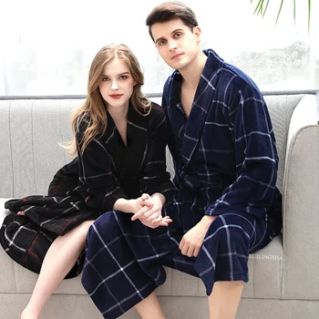 

Men Winter Plaid Plus Size Long Coral Fleece Bathrobe 40-130KG Warm Flannel Bath Robe Kimono Robes Dressing Gown Night Sleepwear