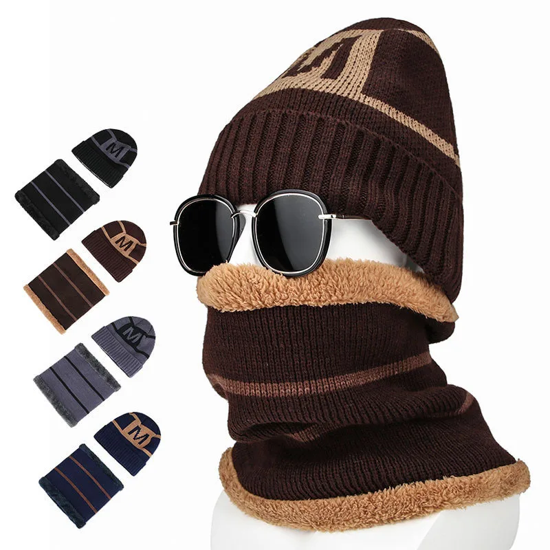 

Winter Knitted Hats Scarves Plus Velvet Men Winter Cap Beanie Thick Neck Warm Wool Bonnet Skullies Beanies For Men Knitted Hat