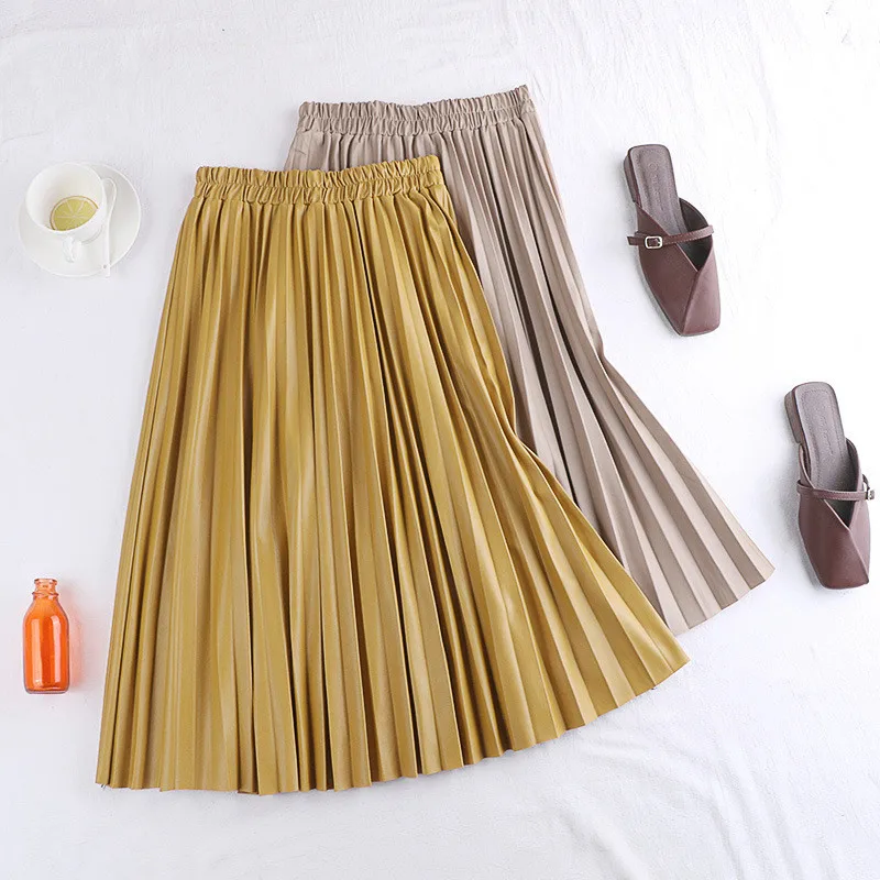 Uumaysari Бутик Новая плиссированная юбка Женская Осенняя Корейская эластичная талия высокая талия кожаная юбка средней длины трапециевидная юбка