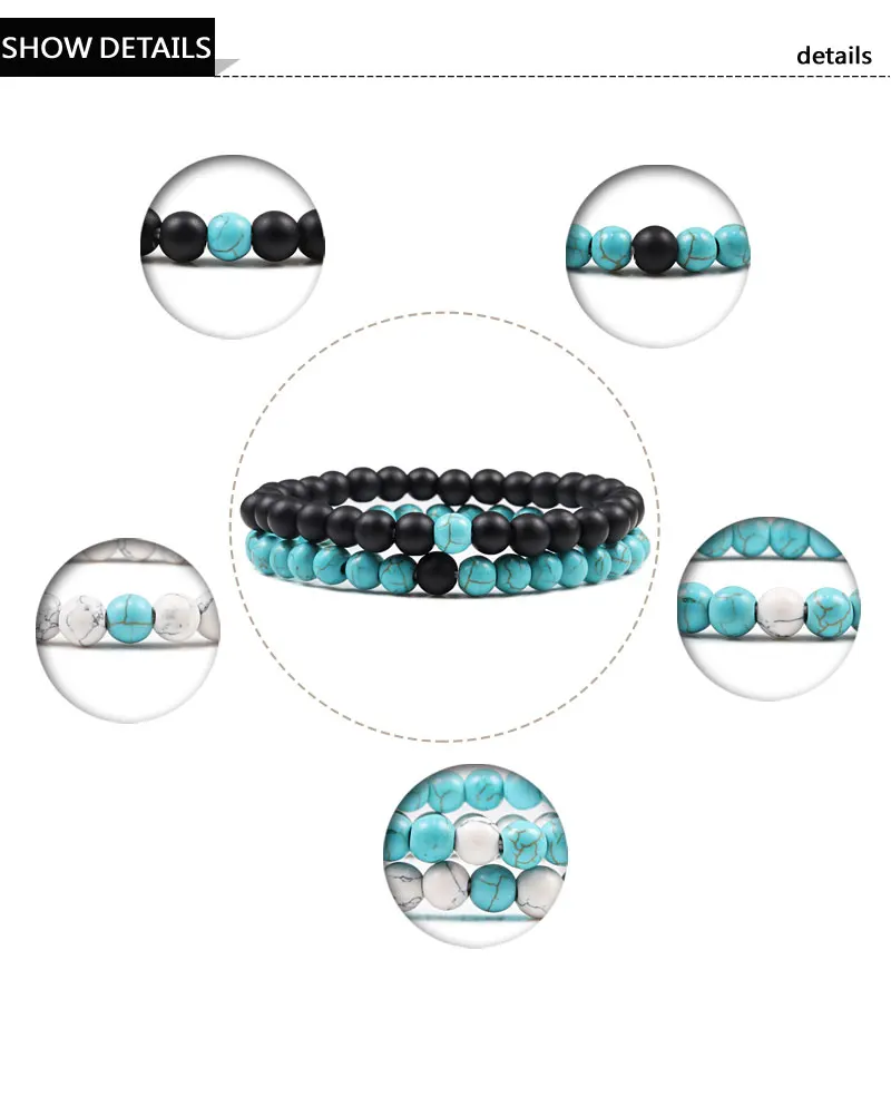Дистанционный браслет для женщин браслет для пары классический 6 мм натуральный черный матовый голубой бирюзовый камень в виде бисера мужские украшения-браслеты