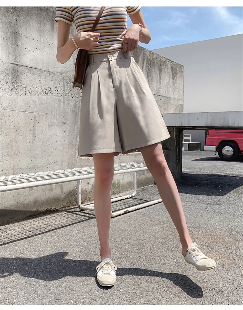 Летние повседневные шорты женские свободные широкие брюки Pantalon Femme высокая посадка на пуговице, абрикосовые шорты женская, одноцветная s-xxl
