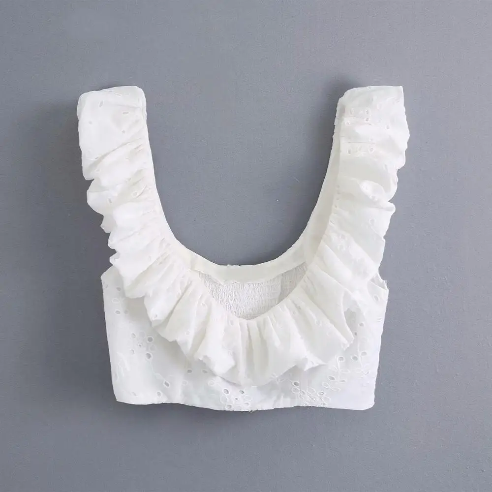 Летняя женская футболка белая с вышивкой треугольным вырезом без рукавов |