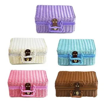 

Rattan Storage Basket Makeup Organizer Multipurpose Container with Lid