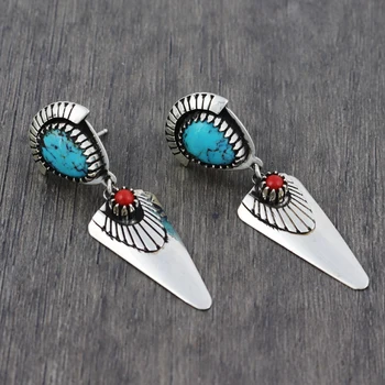 

Fashion Vintage Tibetan Silver Natural Turquoises Stud Earrings Blue Red Stone Triangle Pendant Dangle Earrings for Women Boho