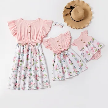 

Mom And Daughter Dress Casual Sleeveless Patchwork Family Matching Outfits Baby Romper Dress Mommy And Me Mother And Daughter