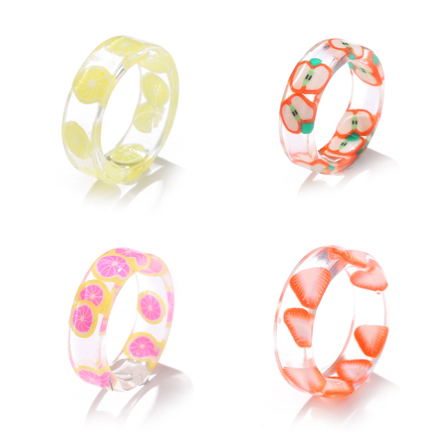 Korean Colorful Fashion Resin Fruit Ring Acrylic Geometric Round Rings for Women Beach Party Wedding Jewelry Anillos