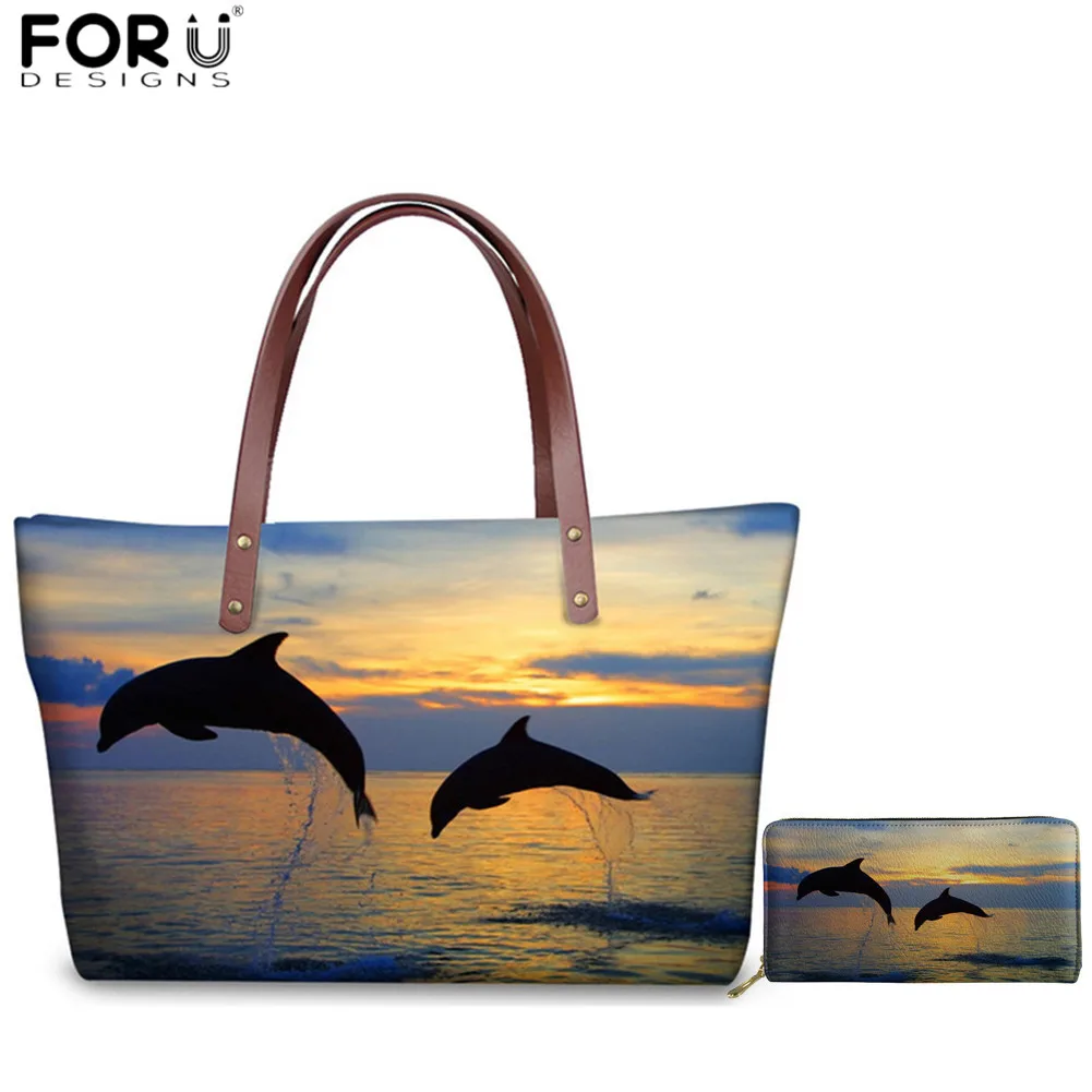FORUDESIGNS, роскошные женские длинные кожаные кошельки, морские животные, дельфин, С закатом, Повседневные Сумки для дам, держатель для карт, чехлы