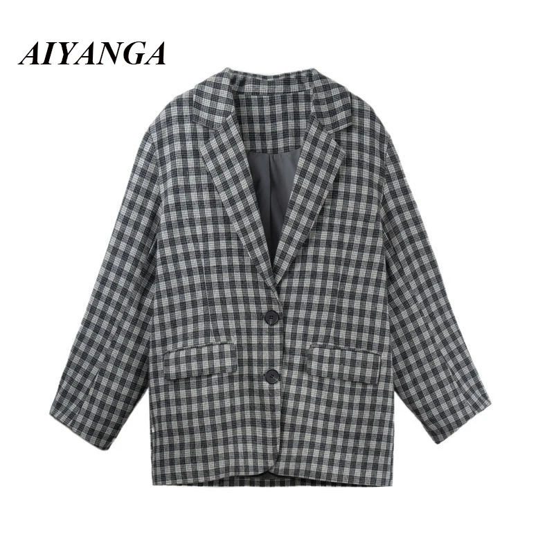 

Women Streetwear Single Breasted Blazer Vintage Woolen Coat Korean Fashion Turn-down Collar Long Sleeve Ladies Plaid Jacket 2021