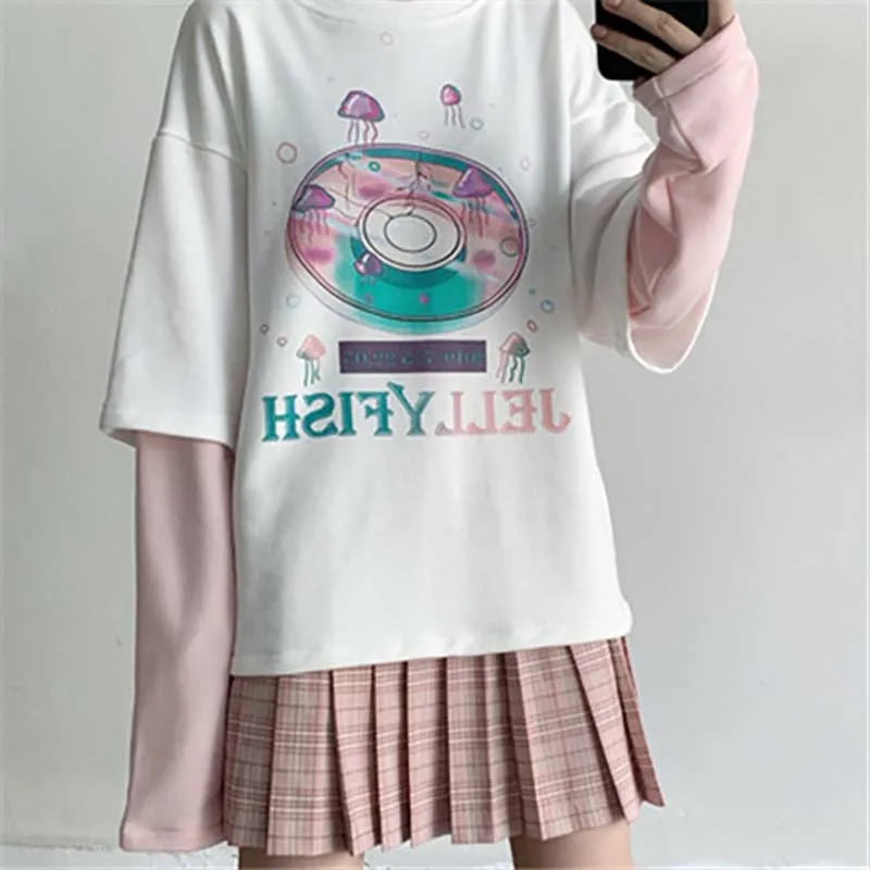 Белый NiceMix Harajuku футболка женская поддельная 2 шт. принт японский Fujiang Ужасы комиксы длинный рукав рубашка Женская Vetement Femme - Цвет: Белый