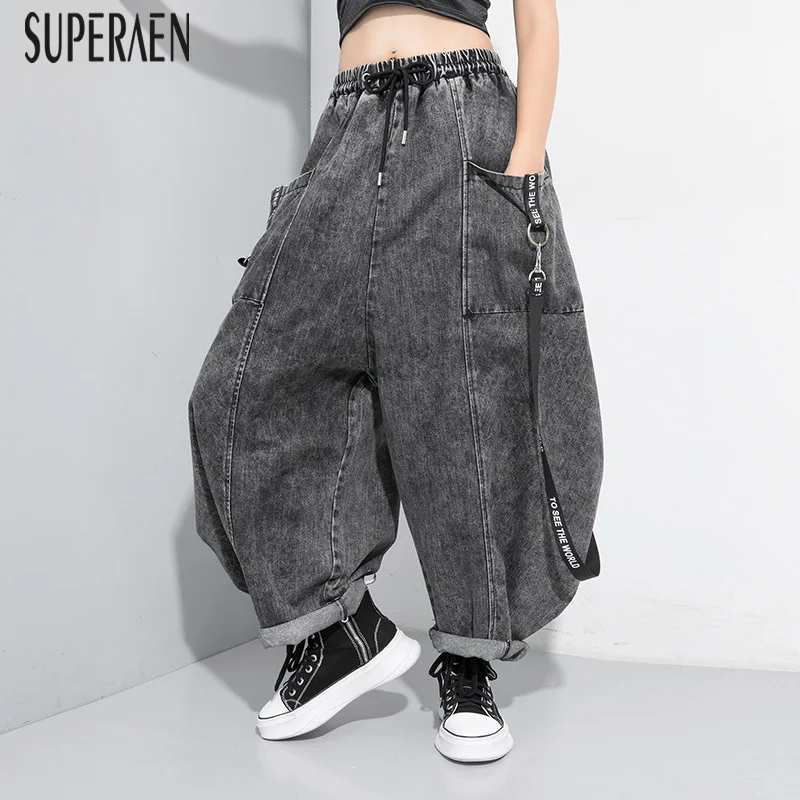 

SuperAen 2019 Autumn New Women Jeans Pluz Size Wide Leg Pants Wild Casual Ladies Jeans Elastic Waist Europe Jeans Female