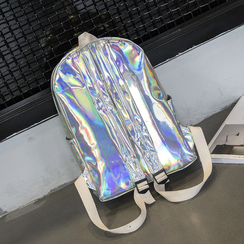Female Holographic Backpack Women Soft Laser PU Leather Travel Backpacks Silver Hologram School Bags For Teenager Girls
