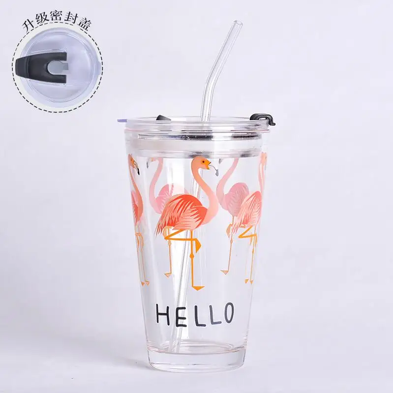 Flamingo 500 мл Фламинго мультяшное животное стеклянные бутылки для воды семейный цифровой стеклянный мерный стакан молока кофейная стеклянная чашка с крышкой чайная кружка с соломкой - Цвет: Flamingo