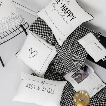 

Pure Cotton Canvas Cushion Cover Black And White Letter Print Pillow Cover Nordic Ins Style Sofa Bed Home Decoration 45x45/35x50