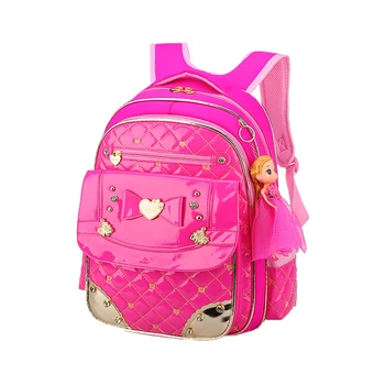

Girls Adjustable Strap Rhinestone Cute Doll Pendant Mesh Back Waterproof Bag Kids School Backpack Primary Student PU Leather