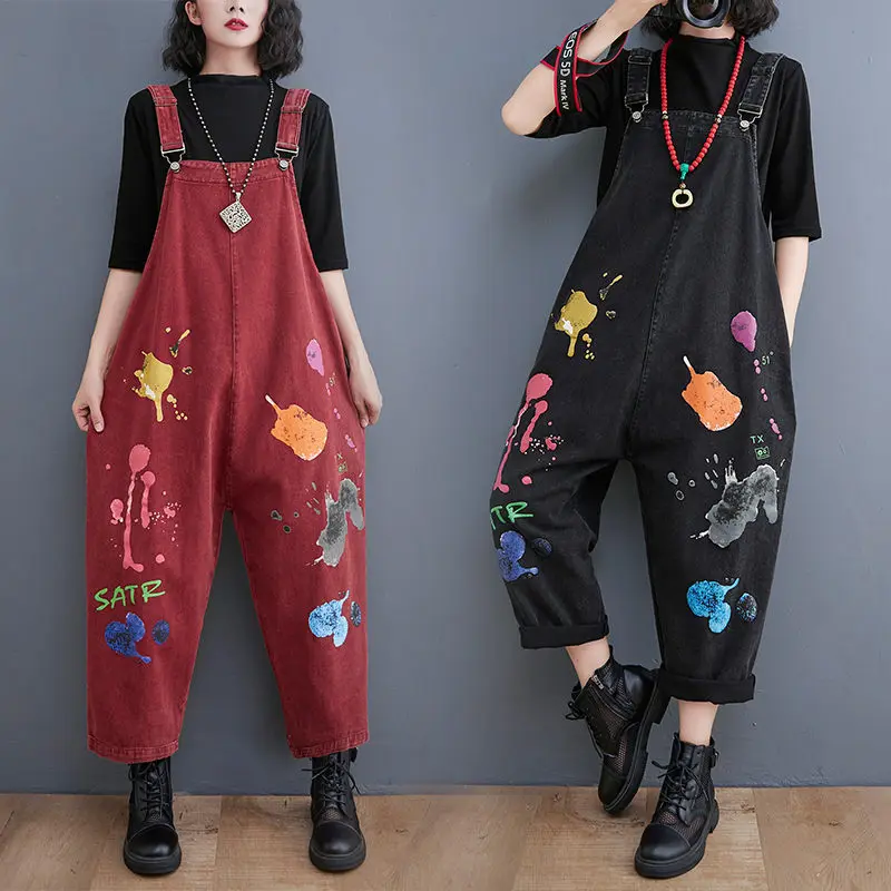 

Korean Printed Denim Jumpsuits Women's Autumn Fashion Loose Wild Wide Leg Trousers Trend Vintage Jeans Bib Pants M177