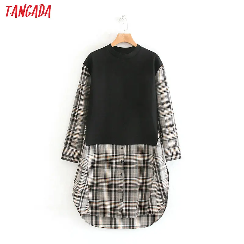 

Tangada women plaid patchwork long blouse 2019 long sleeve sweet chic female casual shirt blusas femininas 2W62