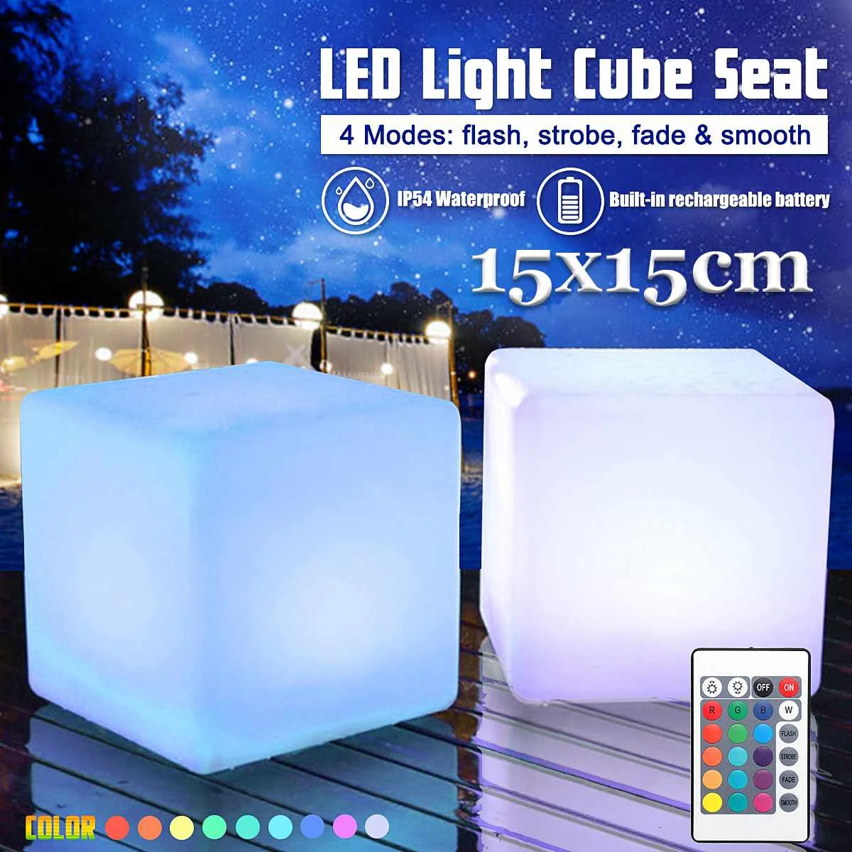 

15cm RGB LED Light Cube Seat Chair Waterproof Rechargeable LED Lighting + Remote Control for Bar Home Garden Party Event Decor