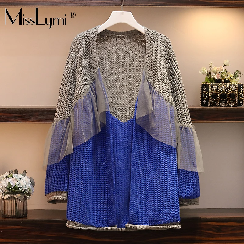 L-XXXL размера плюс, кимоно, кардиган, Для женщин зима ; модная одежда с длинными рукавами в стиле пэчворк с сеткой с оборками Свободные Теплый свитер со Размеры d