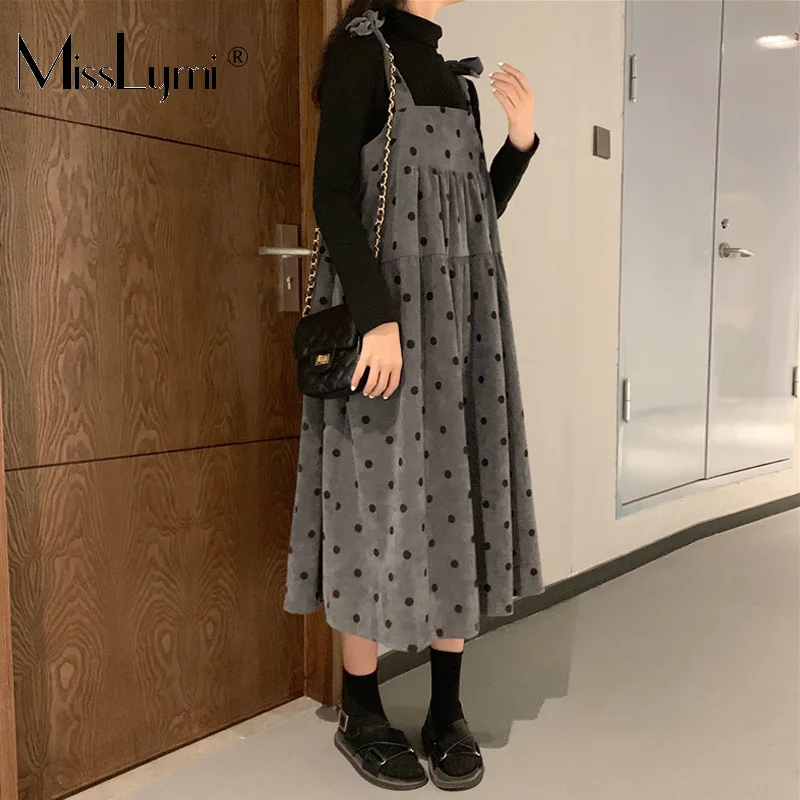 XL-5XL плюс размер женское винтажное вельветовое платье осень Мода Лук Спагетти ремни в горошек Плиссированные Миди длинные платья