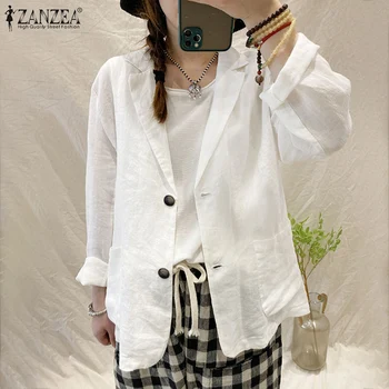 

ZANZEA Women's Blazers Coats Vintage Turn-Down-Collar Long Sleeve Open Front Coat Loose Side Pockets Buttons Coats Outerwear 5XL