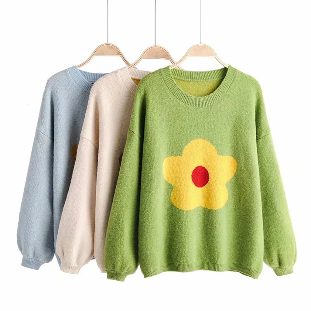 Female O-neck Casual Sweater cartoon flower print lantern sleeve loose Pullovers candy color blouse women Cashmere coat | Женская одежда