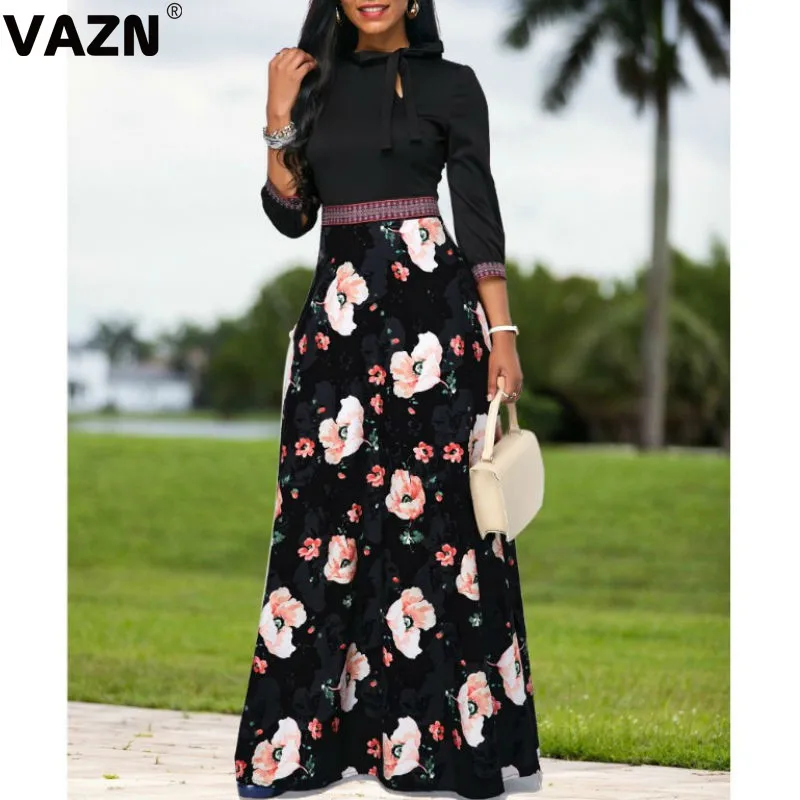 VAZN JLY1824, новинка, для молодых леди, для заметок, неопрятный, офисный, черный, прозрачный, с принтом, половина рукава, высокая талия, женское облегающее и расклешенное Макси платье - Цвет: Черный