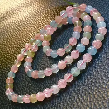 

6mm Genuine Natural Colorful Morganite Beryl Quartz Bracelet Crystal Clear 3 Laps Clear Round Beads Stretch Women AAAAA
