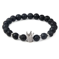 Gold Crown Black Lava Stone Bracelet - Elegant Natural Stone Elastic - 7.5inch(19CM) (Silver color crown)