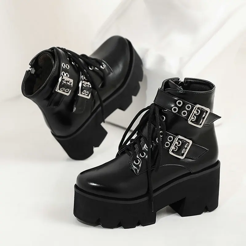 

2020 Autumn Fashion Motorcycle Boots Women Platform Heels Casual Shoes Lacing Round Toe Shoes Ladies Winter Boots Black