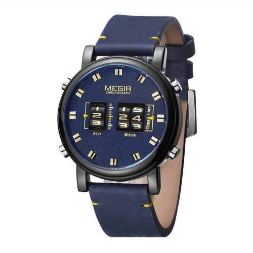 ML2137G-Blue MEGIR 2137 г новые часы с верхним ремешком Мужские Военные Спортивные коричневые кожаные кварцевые наручные часы Роскошный барабанный ролик relogio masculino - Цвет: ML2137G-Blue