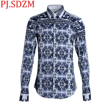 

2018 New Chinese Classic Blue and White Porcelain Men Shirts Simple Fashion Europe and America Size Slim Fit M-4XL Blue White