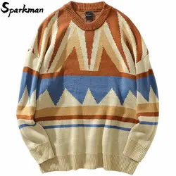 2019 Ретро хип хоп вязаный свитер мужской уличная цветной блок лоскутное винтажный пуловер свитер мода осень 2019 свитер