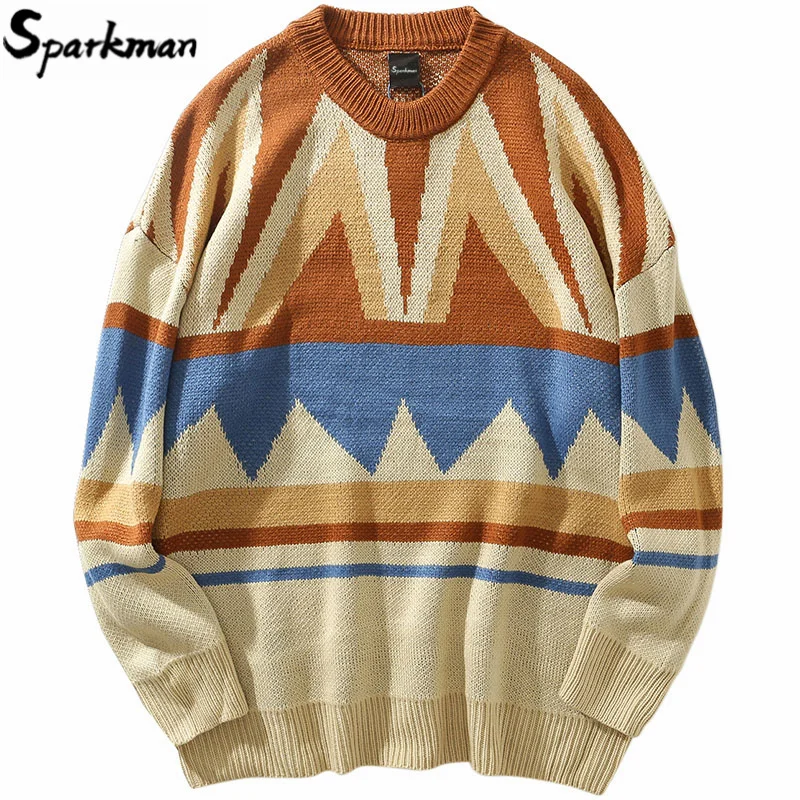 

2019 Retro Hip Hop Knitted Sweater Mens Streetwear Color Block Patchwork Vintage Pullover Sweater Fashion Autumn 2019 Sweater