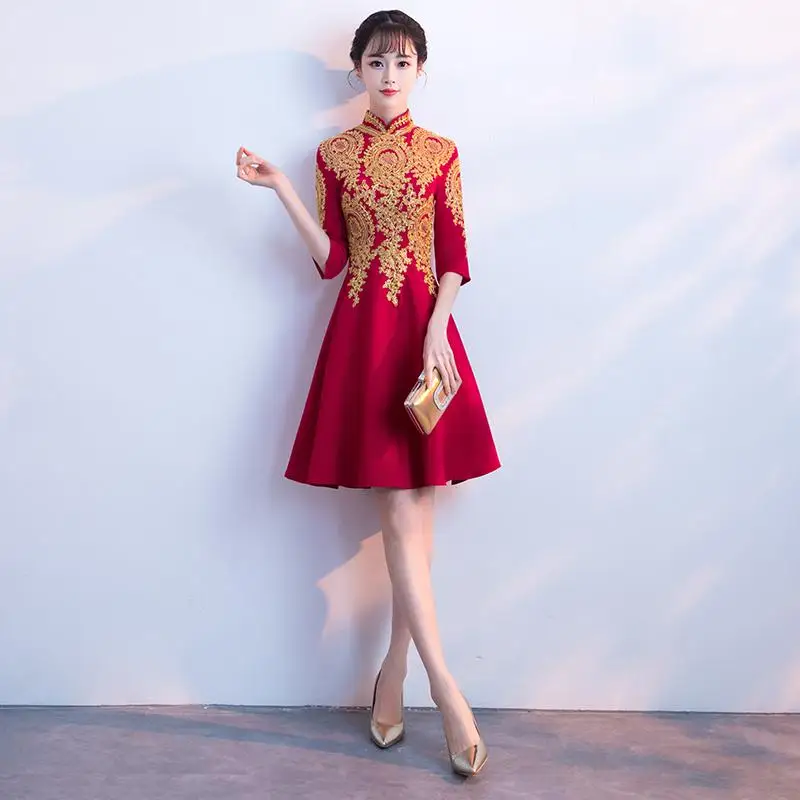 Женское Сетчатое платье с воротником-стойкой Cheongsam, элегантное вечернее платье, сексуальное Бордовое платье Qipao, изысканная вышивка, халат De Soiree - Цвет: burgundy