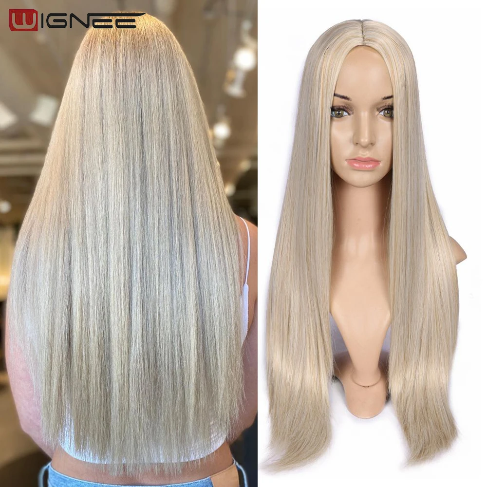 Wignee Long Natural Straight Wig Blonde Middle Part Cosplay Party Lolita Synthetic Wigs for Women Heat Resistant Fiber