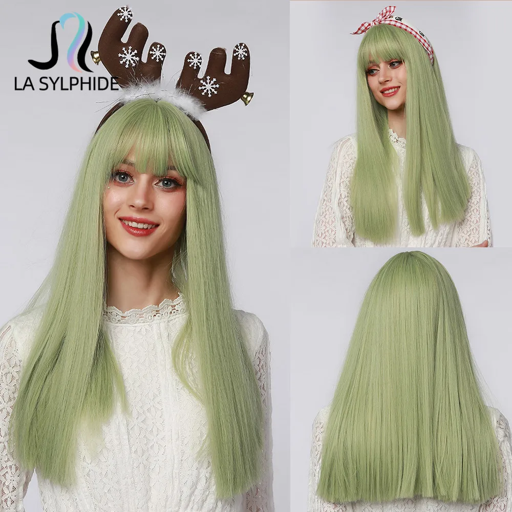 La Sylphide Cosplay Party Wig Long Straight Light Green Hair Wigs with Bangs for Women Synthetic Heat Resistant Fiber | Шиньоны и
