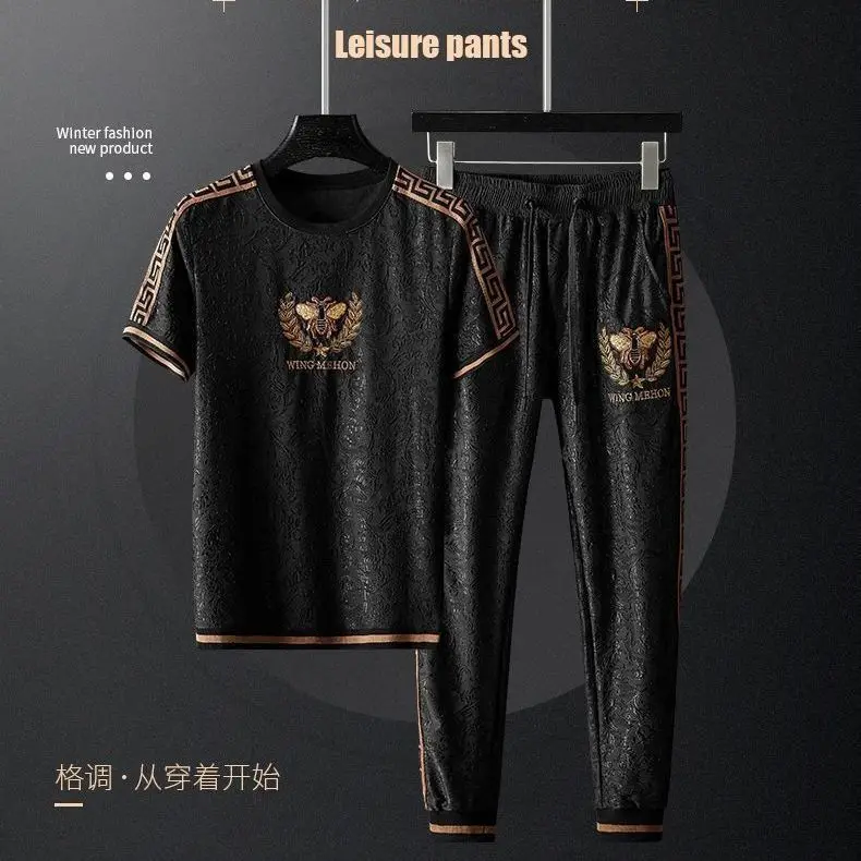 

European station light luxury men's tide card sports suit men's trend short sleeve pants casual two-piece men's clothing summer