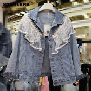 

2020 Spring and Autumn New Loose Lapel Lace Panel Temperament Denim Jacket Women's Denim Jackets Blue Jean Coat Students Coats