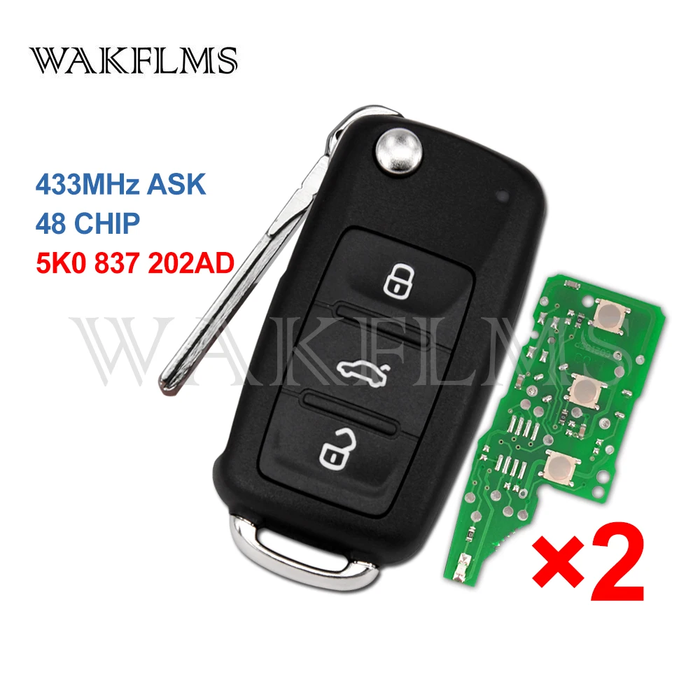 2 шт./лот ID48 дистанционный ключ-брелок от машины для VW/VOLKSWAGEN Caddy Eos Golf Jetta Beetle Polo Up Tiguan Touran 5K0837202AD 5K0 837 202 AD
