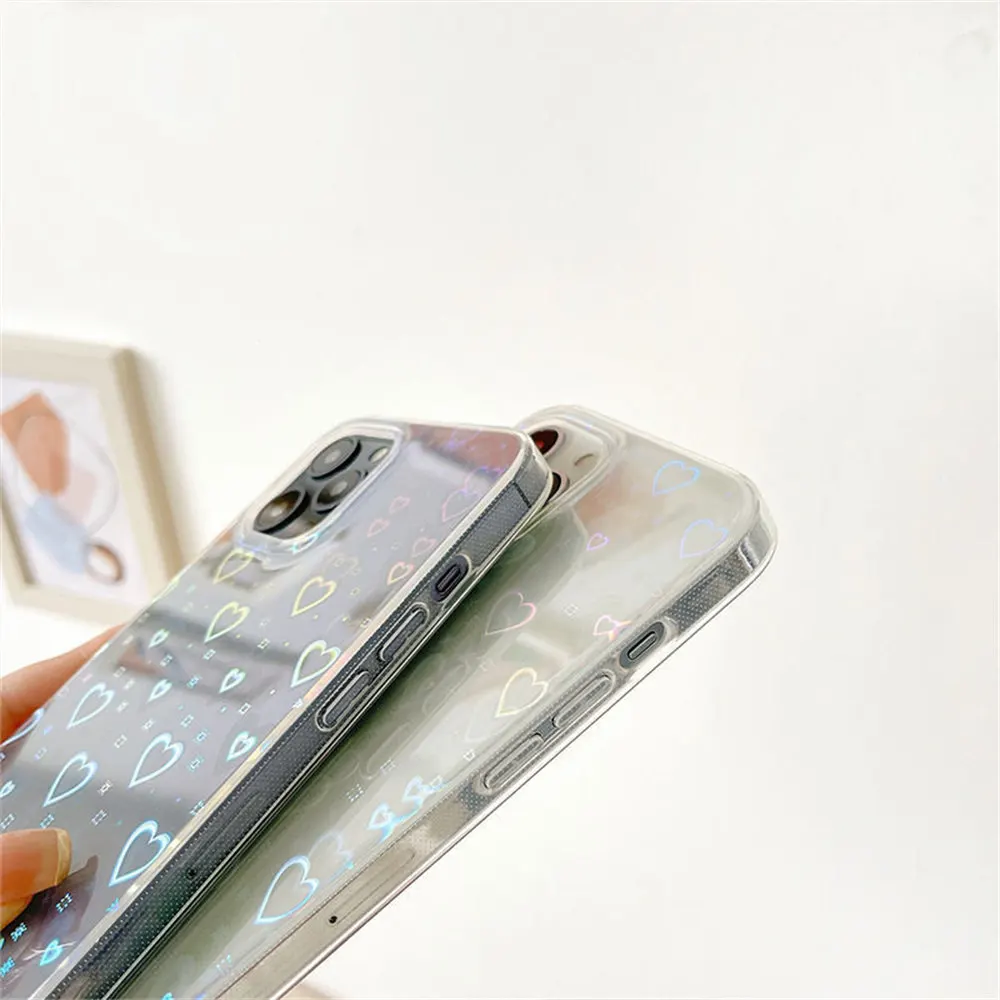 Fashion Gradient Laser Love Heart Pattern Clear Phone Case For iPhone 11 13 12 Pro Max X XS XR 7 8 Plus SE 2020 Shockproof Back