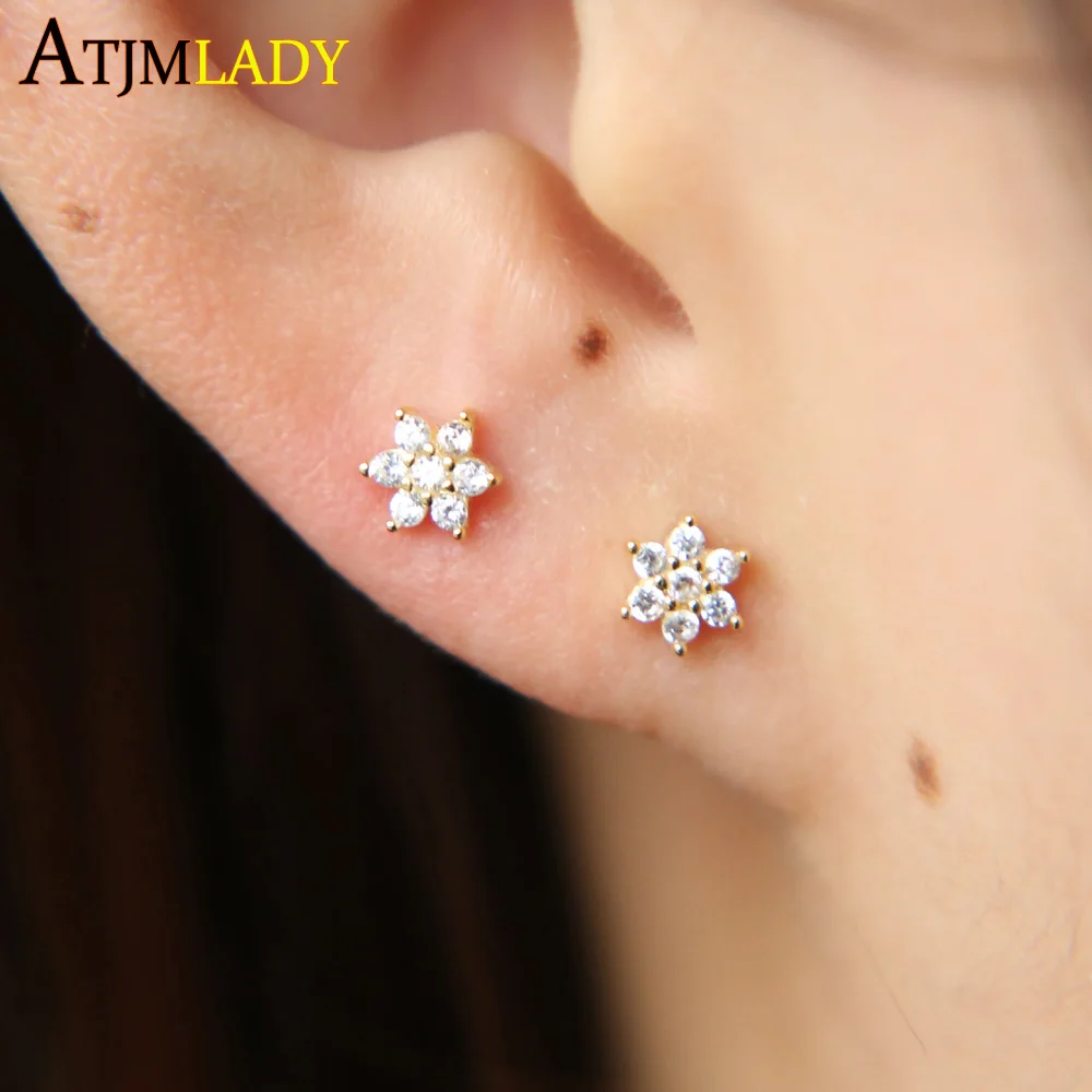 Женские серьги гвоздики из серебра 925 пробы с фианитами|flower stud earrings|stud earrings925 sterling