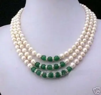 

Beautiful 3 Rows 7-8mm White Freshwater Pearl & 8mm Green Emerald Necklace 17-19''