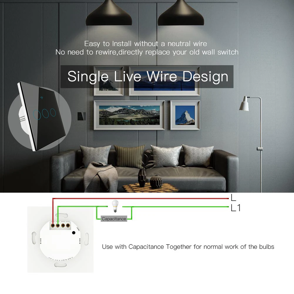  WiFi Smart Wall Switch No Neutral Wire Needed Wireless Smart Life Tuya Remote Control Single Fire W - 4000155389090