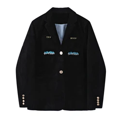 Terno de veludo preto jaqueta britânica feminino outono e inverno design senso nicho de alto nível temperamento solto estilo da faculdade casaco