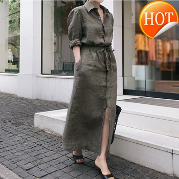 

Lapel Solid Color Long Sleeve Drawstring Cotton and Linen Loose Woman Dress Casual Fashion 2020 Spring Dresses New