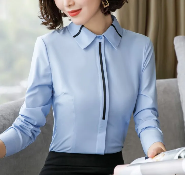 Light blue Профессиональная рубашка женская с длинным рукавом темперамент интервью Тонкий Блузки Новые офисные женские модные формальные рабочие Топы - Цвет: Light blue