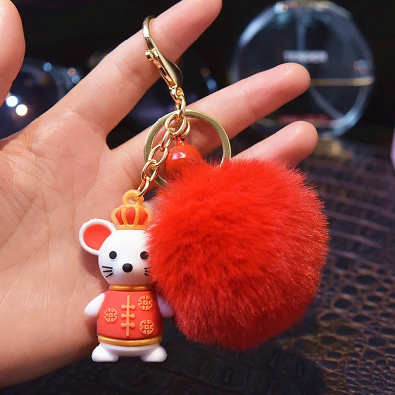 

Year Of The Rat Lucky Mouse Key Chain For Women Faux Rabbit Fur Ball Fluffy Pompon Fur Keychain Trinket Charm New Year Gifts
